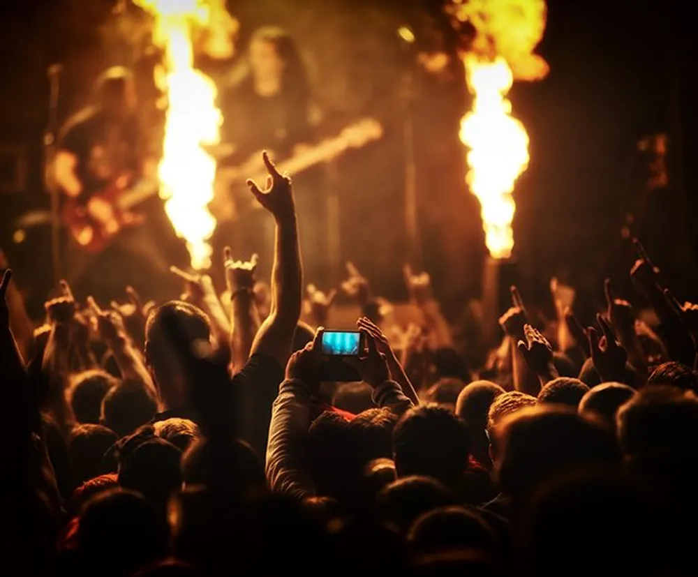 The image captures a vibrant concert atmosphere with a crowd of people cheering some with hands raised as a musician plays on stage with fiery stage effects in the background