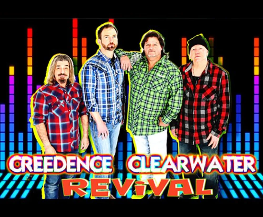 The image shows a vibrant graphic with four men likely a band in front of a colorful backdrop that includes the name Creedence Clearwater Revival in a stylized font