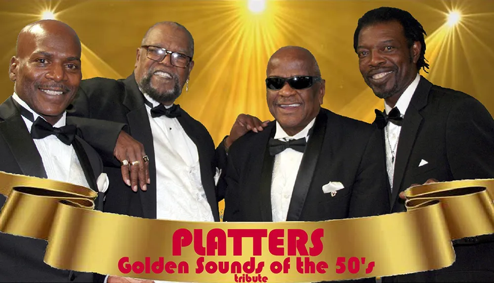 Four smartly dressed men in tuxedos stand together with smiles on their faces set against a golden starburst background with the text PLATTERS Golden Sounds of the 50s in a promotional image
