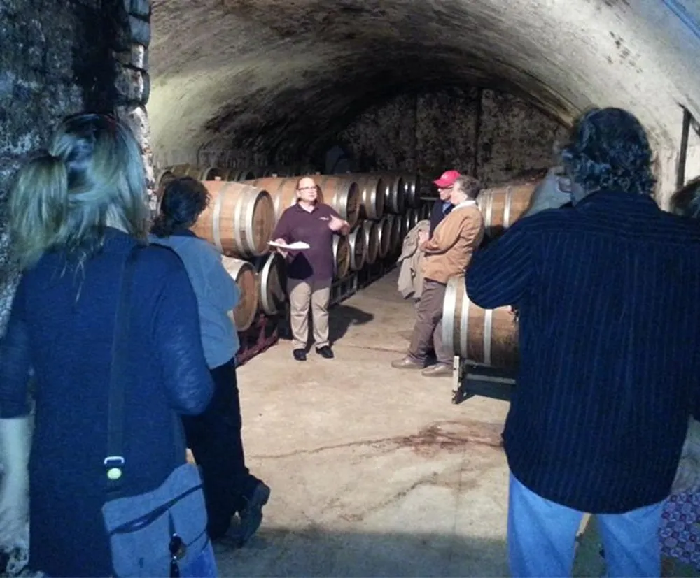 A group of people are attentively listening to a speaker during a tour in a wine cellar lined with barrels
