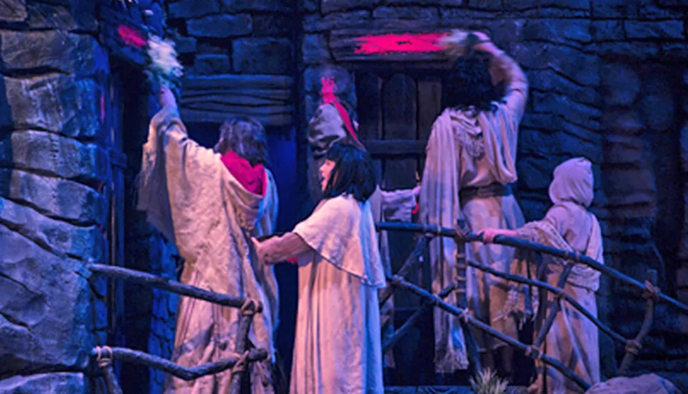 This image shows a group of people in historical clothing engaging in some sort of activity on a dimly lit stage set that resembles an old stone structure