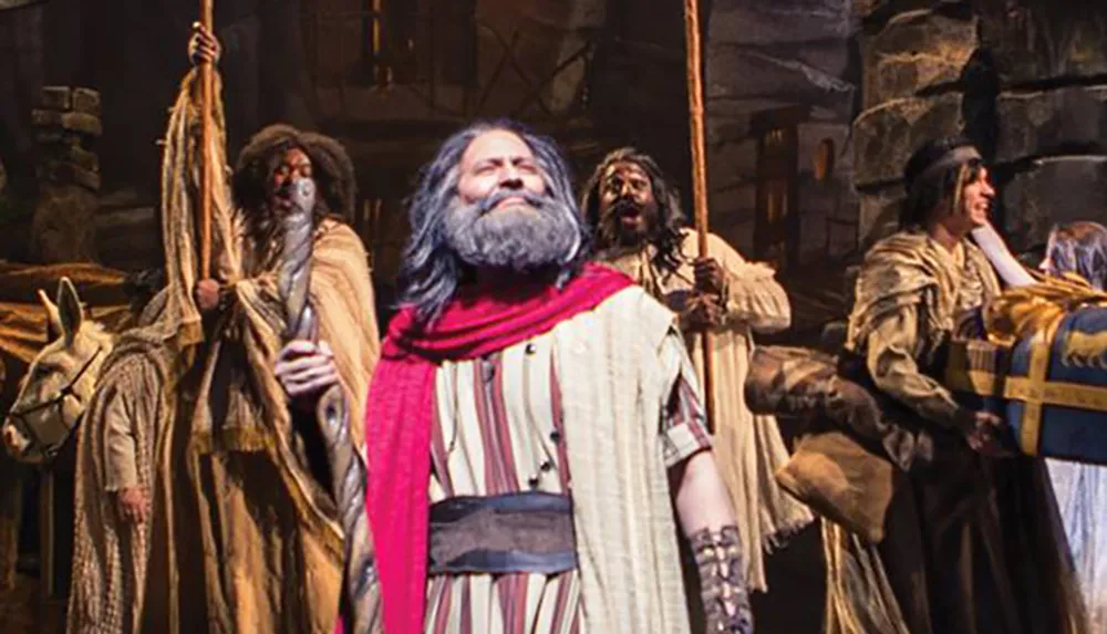 The image depicts actors in historical or biblical costumes performing in a theatrical production with one prominently featured man in a red shawl and beard looking upwards