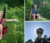 A person is joyfully zip-lining with arms outstretched against a backdrop of lush green trees