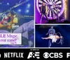 A performer stands on stage next to a helicopter with dramatic lighting a flowing fabric and a text quote praising an unexplainable magic show accompanied by logos of various networks