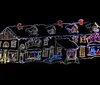This image shows a house elaborately decorated with colorful Christmas lights featuring outlines of the architecture and festive motifs such as the word TOYS a toy soldier and a Christmas tree