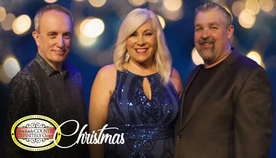 Three people are smiling in a festive, bokeh-lit setting with Christmas and a logo for Absolutely Country Definitely Gospel shown in the image.