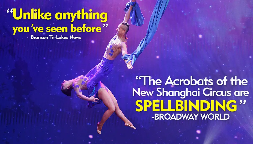 Two acrobats perform a dramatic aerial routine against a starry backdrop accompanied by enthusiastic reviews from Branson Tri-Lakes News and Broadway World