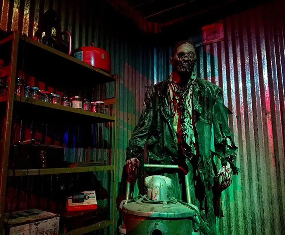 The image shows a horror-themed figure possibly a zombie standing next to a shelf filled with jars and a gas can in a dimly lit room with corrugated metal walls