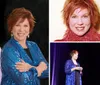 Two women one portraying an older character with gray hair glasses and a purple sweater and the other with reddish hair and a blue sequined jacket are side by side against a black background
