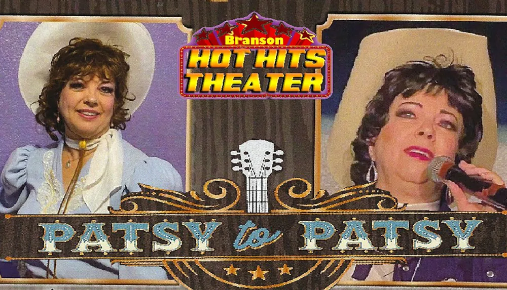 The image features a promotional poster for the Branson Hot Hits Theater show titled Patsy to Patsy with two performers depicted in vintage attire