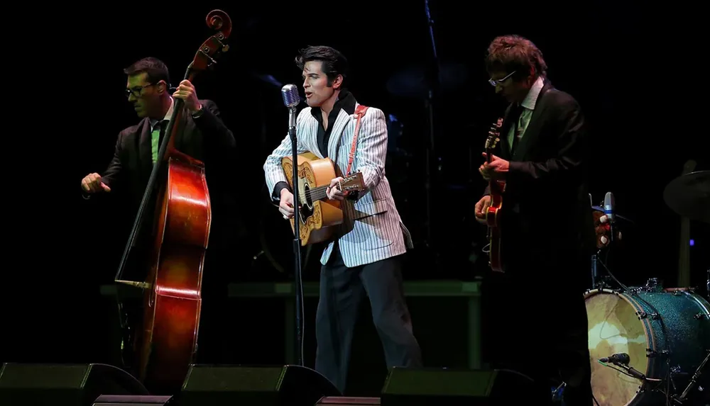 A band dressed in suits performs on stage with an upright bass electric guitar and a singer playing an acoustic guitar