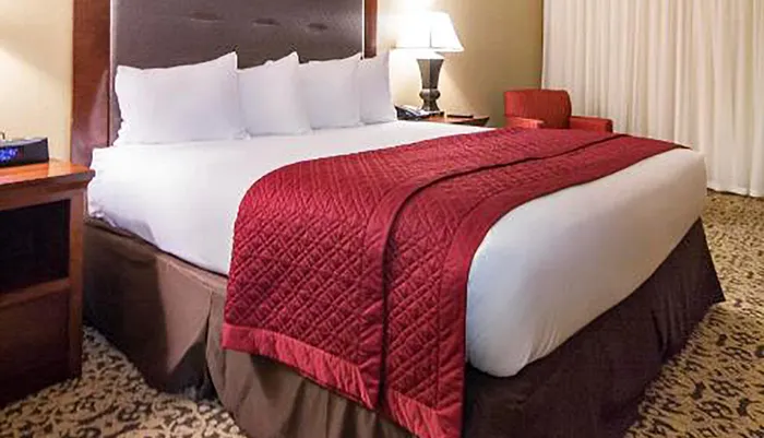 A neatly made hotel bed with white linens and a red bedspread in a room with a patterned carpet and neutral decor