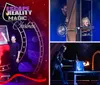 The image features a promotional poster for Escape Reality Magic Christmas with Garry  Janine Carson performing a magic act set against a festive red background