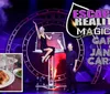 A stage performer and magician are posing in front of a dramatic backdrop with colorful smoke effects while an inset shows a plated meal and glasses on a table