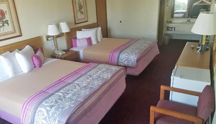 The image shows a hotel room with two twin beds adorned with pink and purple striped bedding a desk with a lamp a chair and an open bathroom visible in the background