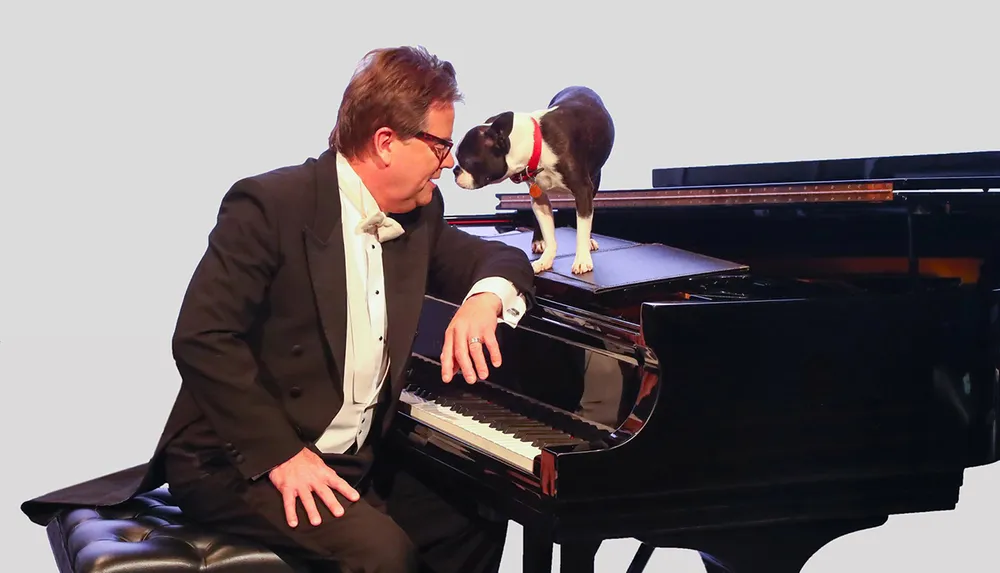 A person in a formal suit sits at a piano exchanging a glance with a dog that is standing on top of the piano