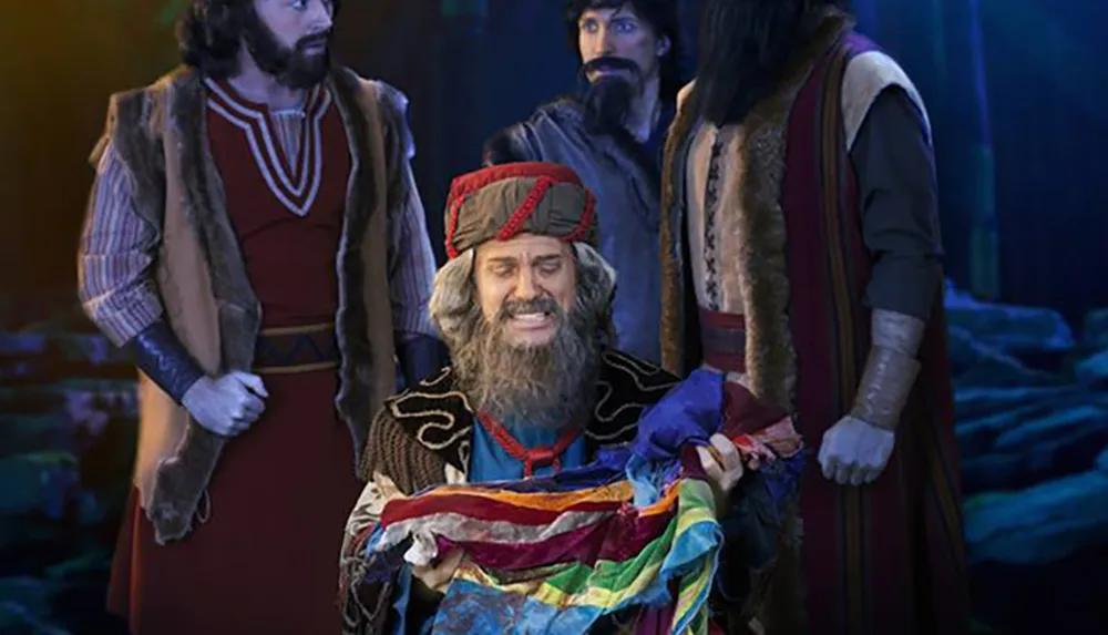 A person in a colorful costume appears to be emoting dramatically while holding a bundle of colorful fabric surrounded by three other individuals in historical or fantasy attire set against a dark moody background suggestive of a theatrical or storybook setting