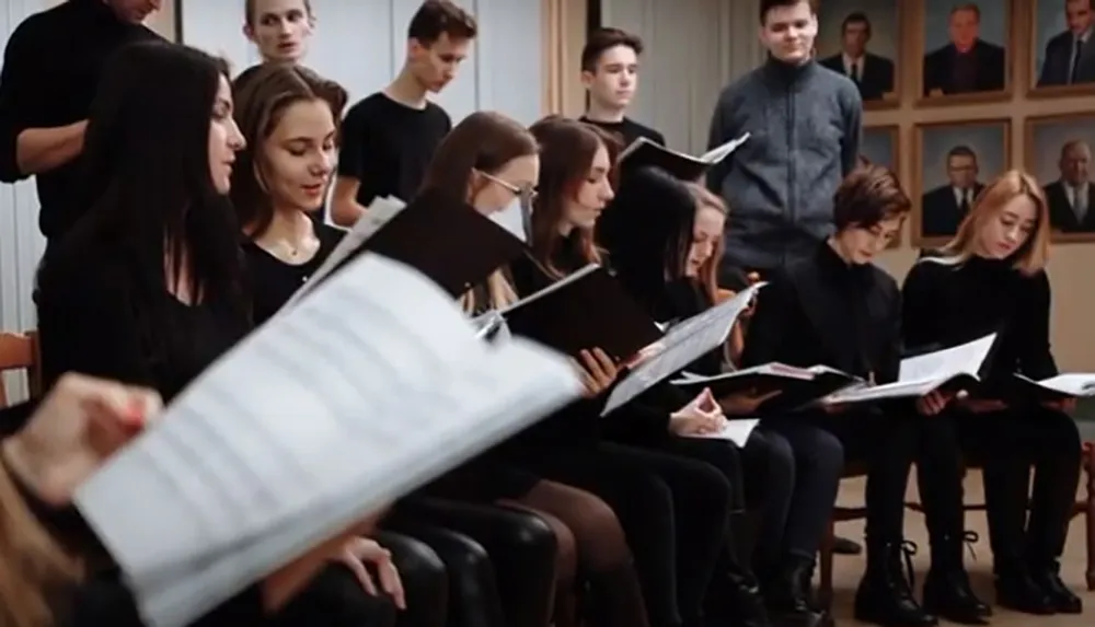 A group of concentrated choir members are rehearsing with sheet music in hand as observers watch from the background