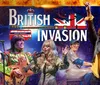 The image showcases a British Invasion theme with performers dressed as iconic British music legends in front of a colorful backdrop featuring a London bus and a Union Jack guitar