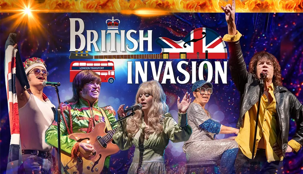 The image showcases a British Invasion theme with performers dressed as iconic British music legends in front of a colorful backdrop featuring a London bus and a Union Jack guitar