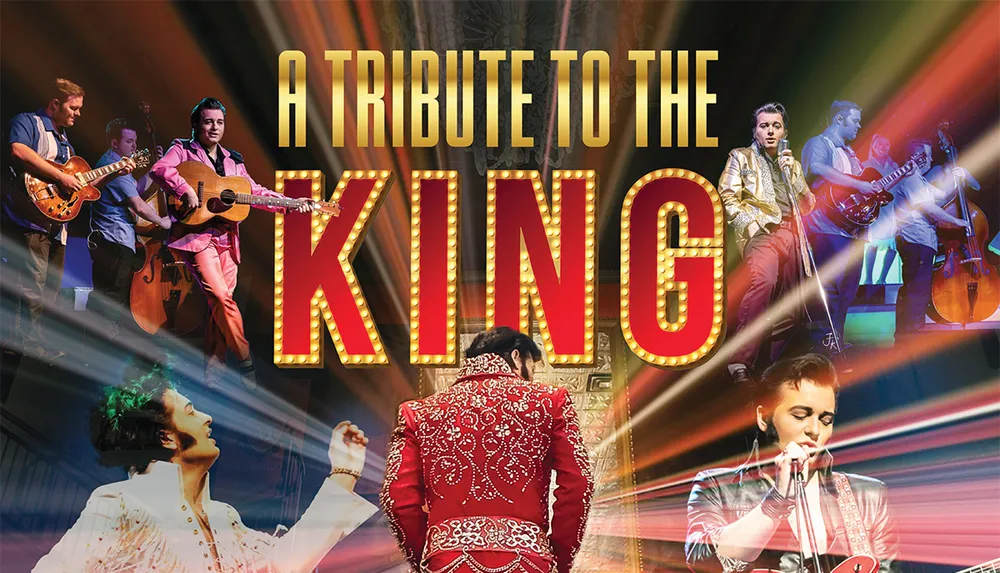 The image features performers and musicians in various poses with bold letters spelling A Tribute to the King likely referring to a tribute to a famous music icon