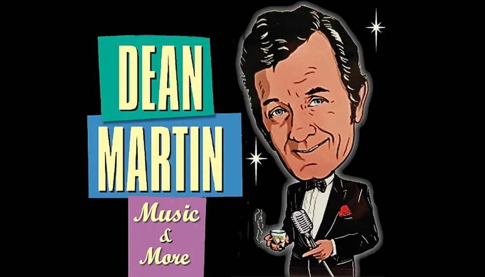 The image is a stylized graphic with the words Dean Martin Music  More alongside a caricature of a man in a tuxedo holding a microphone
