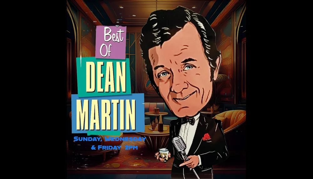 A stylized image promoting Best of Dean Martin broadcast on Sundays Wednesdays and Fridays at 2 PM featuring a cartoon version of Dean Martin in a tuxedo holding a microphone and a drink