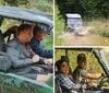 Three people are enjoying a rain-soaked ride in an off-road vehicle with the driver and one passenger smiling widely as they are splashed with water